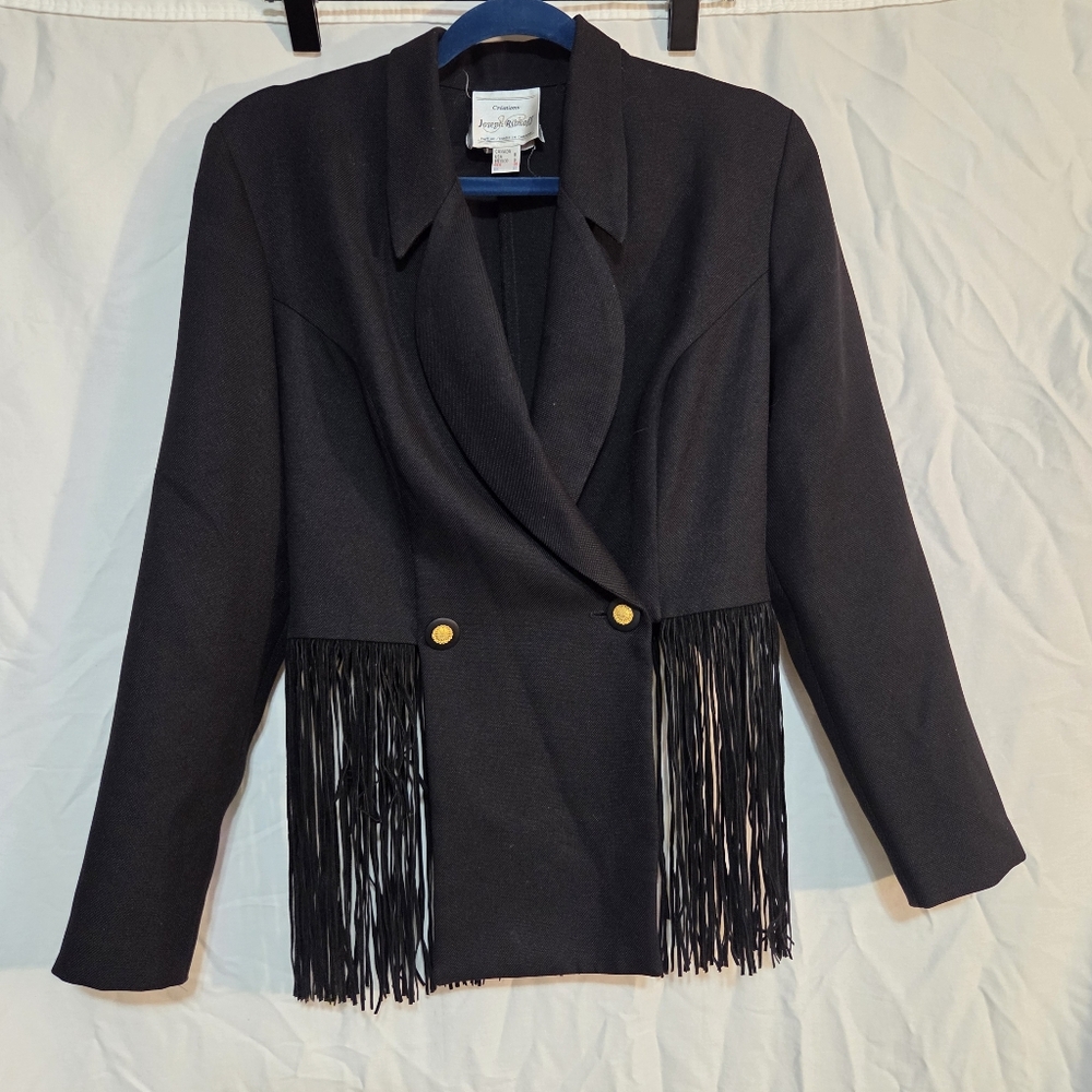 Joseph Ribkoff Vintage Sz 8 Black Double-Breasted Fringe Jacket Pencil Skirt Set